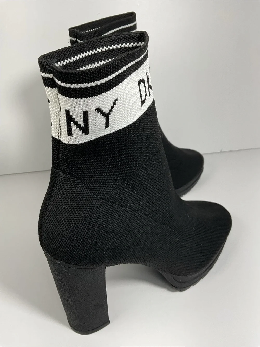 DKNY Black Knit Logo Sock Ankle Bootie Slip On Stretch Block Heel US 9.5 - Picture 5 of 8